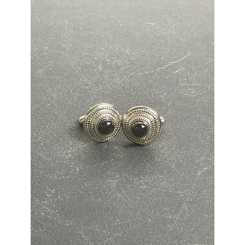 Silver Tone Black Onyx Round Cufflinks